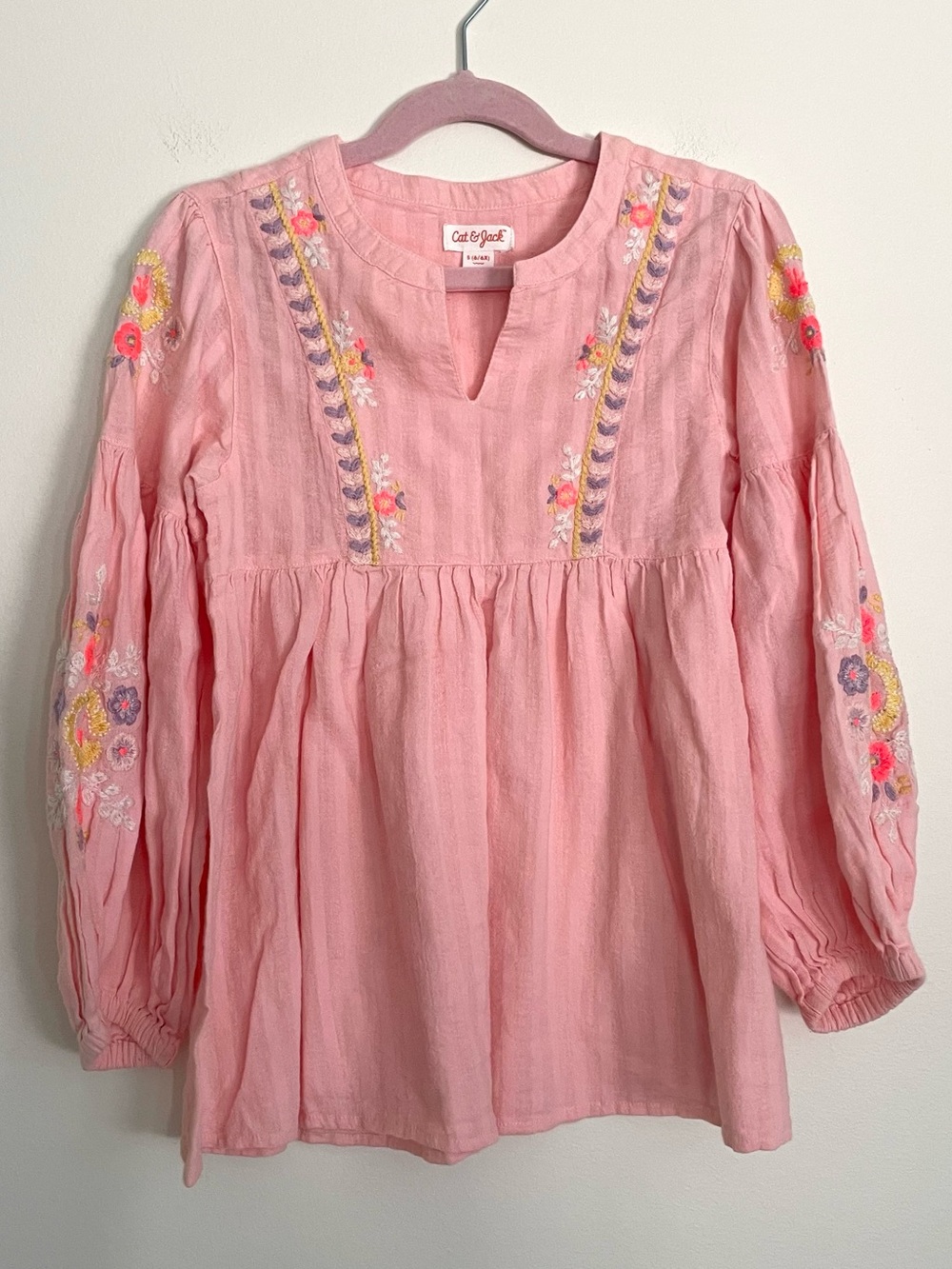 Cat & Jack Pink Floral Embroidered Cotton Peasant Blouse